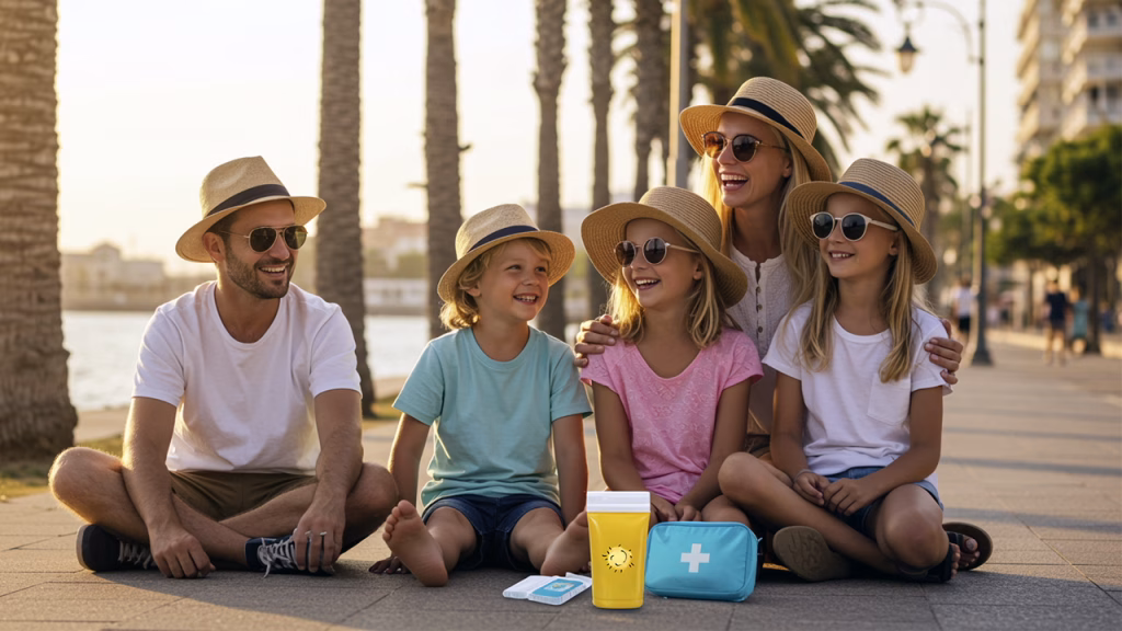 Família com duas crianças a aproveitar as férias em segurança após realizar a consulta do viajante online.